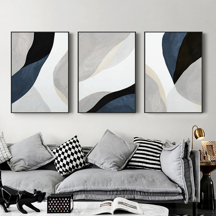 Wall Art 90cmx135cm Abstract Navy Blue 3 Sets Black Frame Canvas