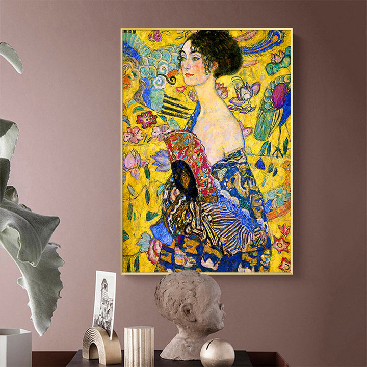 Wall Art 40cmx60cm Lady With A fan By Klimt Gold Frame Canvas