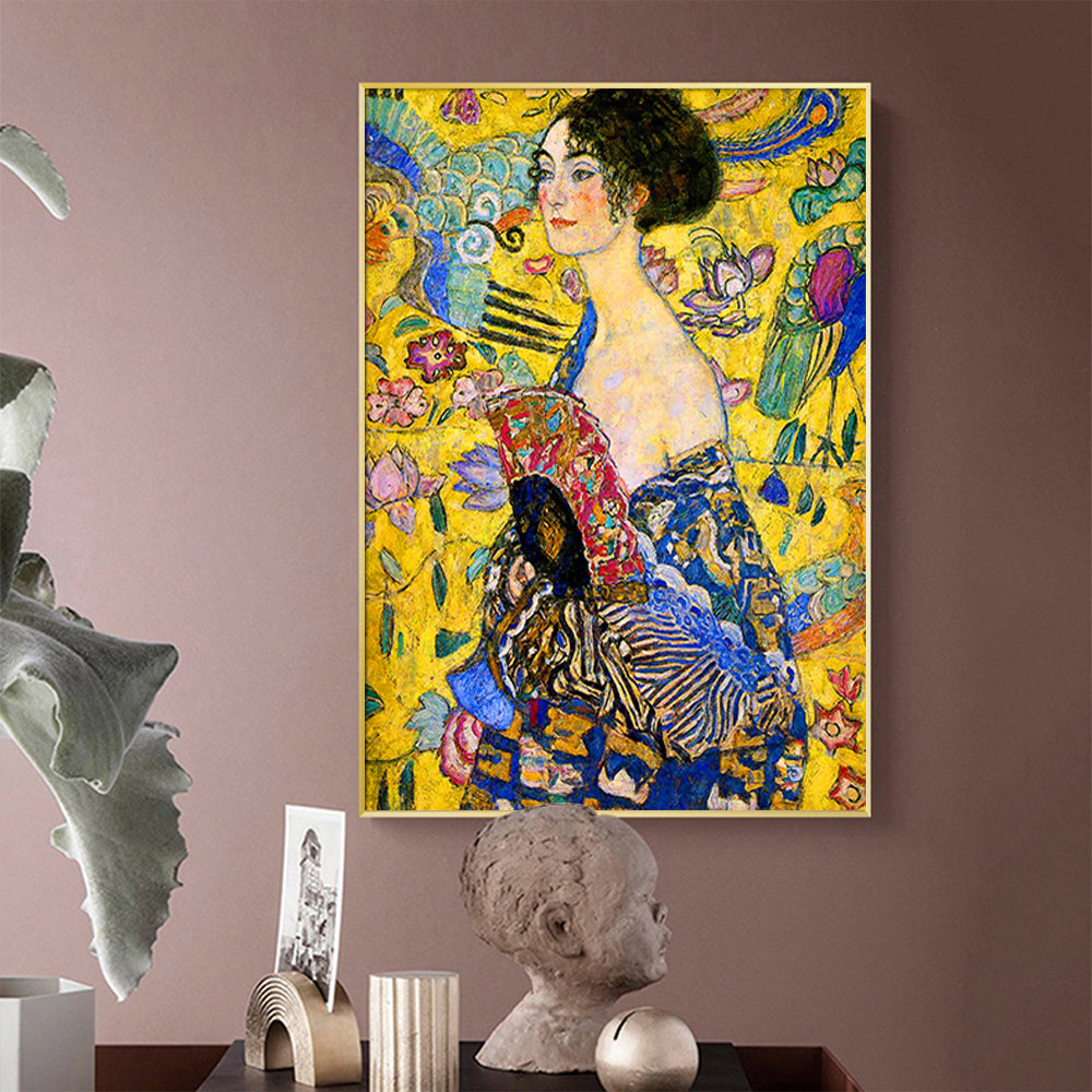 Wall Art 50cmx70cm Lady With A fan By Klimt Gold Frame Canvas