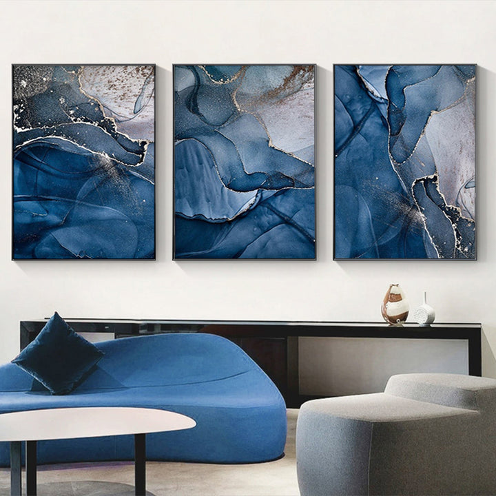 Wall Art 50cmx70cm Blue Gold Marble 3 Sets Black Frame Canvas