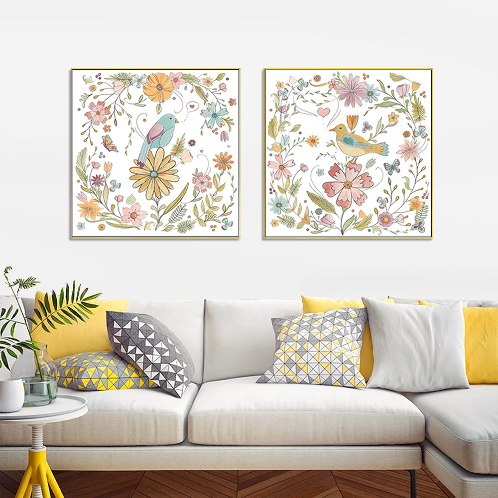 Wall Art 40cmx40cm Floral birds 2 Sets Gold Frame Canvas