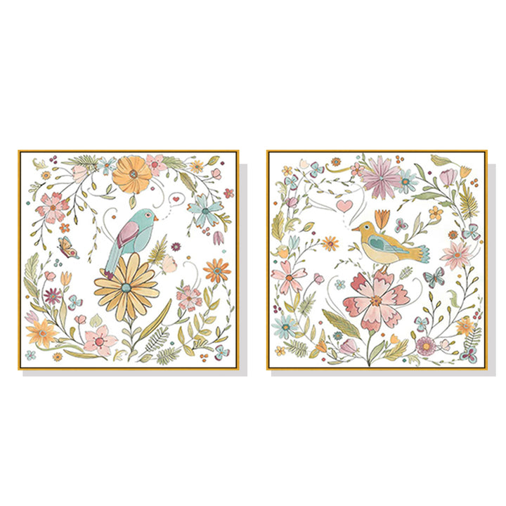 Wall Art 50cmx50cm Floral birds 2 Sets Gold Frame Canvas