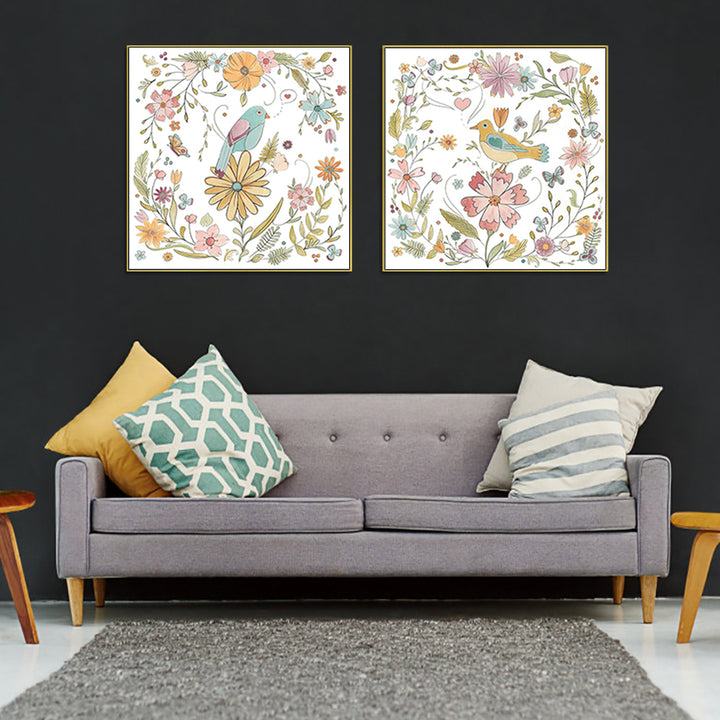 Wall Art 50cmx50cm Floral birds 2 Sets Gold Frame Canvas