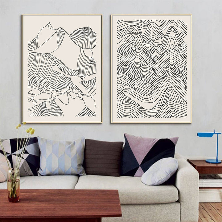 Wall Art 60cmx90cm Line Art Mountain 2 Sets Gold Frame Canvas