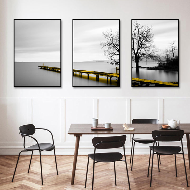 Wall Art 40cmx60cm Calm Lake Bridge Tree Scene 3 Sets Black Frame Canvas