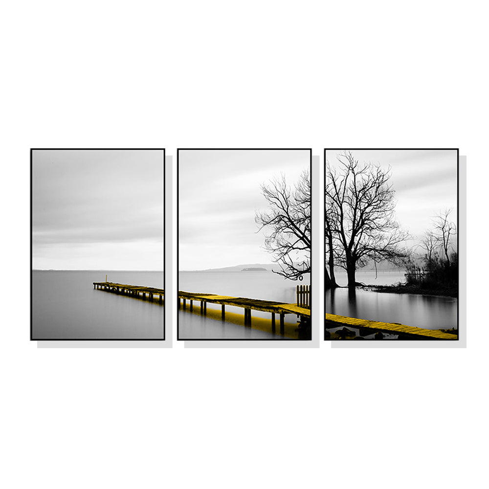 Wall Art 90cmx135cm Calm Lake Bridge Tree Scene 3 Sets Black Frame Canvas