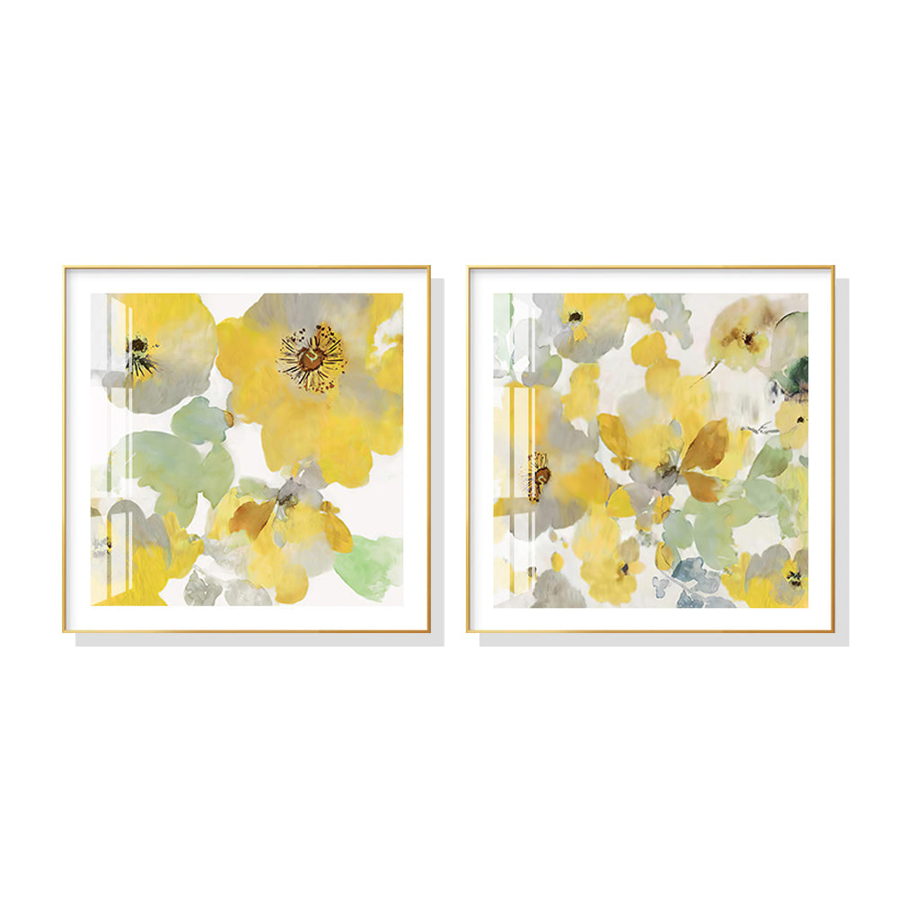 Wall Art 40cmx40cm Yellow Flowers American Style 2 Sets Gold Frame Canvas