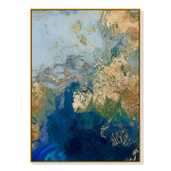 Wall Art 90cmx135cm Marbled Blue Gold Artwork Gold Frame Canvas