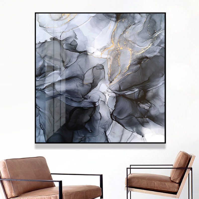 Wall Art 70cmx70cm Marbled Black Grey Black Frame Canvas