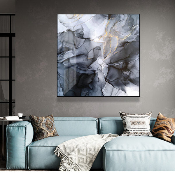 Wall Art 80cmx80cm Marbled Black Grey Black Frame Canvas