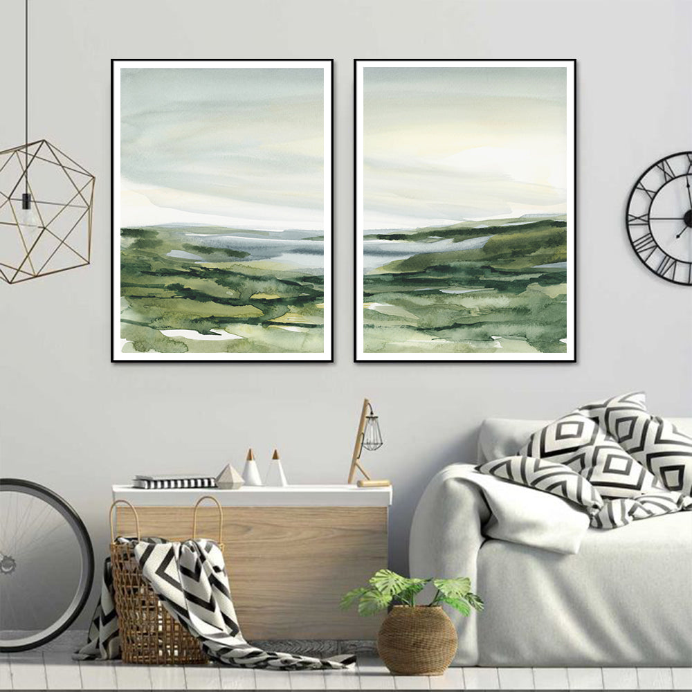 Wall Art 50cmx70cm Watercolor landscape 2 Sets Black Frame Canvas