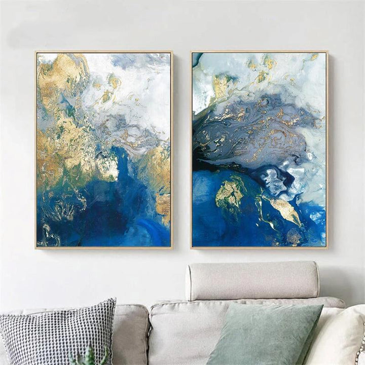 Wall Art 40cmx60cm  Marbled Blue And Gold 2 Sets Gold Frame Canvas