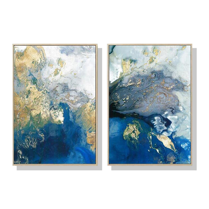 Wall Art 80cmx120cm  Marbled Blue And Gold 2 Sets Gold Frame Canvas