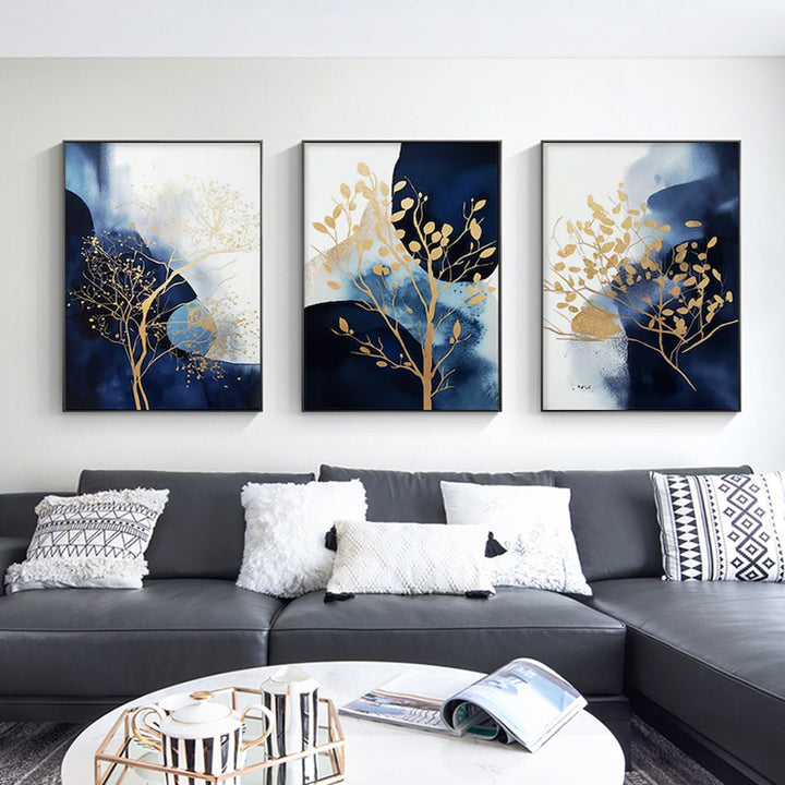 Wall Art 40cmx60cm Navy and Gold Watercolor Shapes 3 Sets Black Frame Canvas