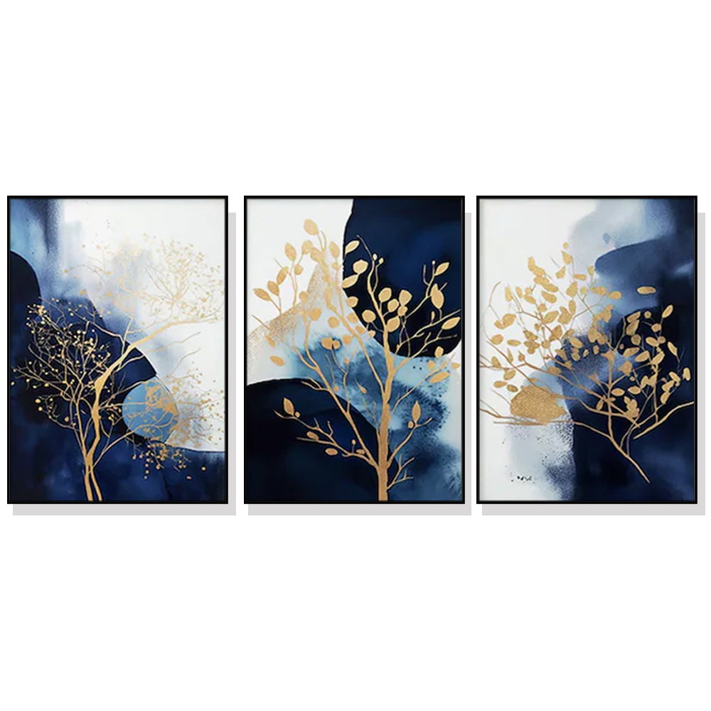 Wall Art 80cmx120cm Navy and Gold Watercolor Shapes 3 Sets Black Frame Canvas