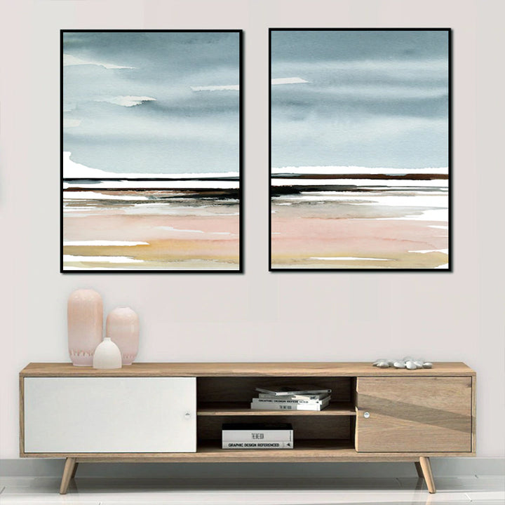 Wall Art 100cmx150cm Pink Beach Landscape 2 Sets Black Frame Canvas