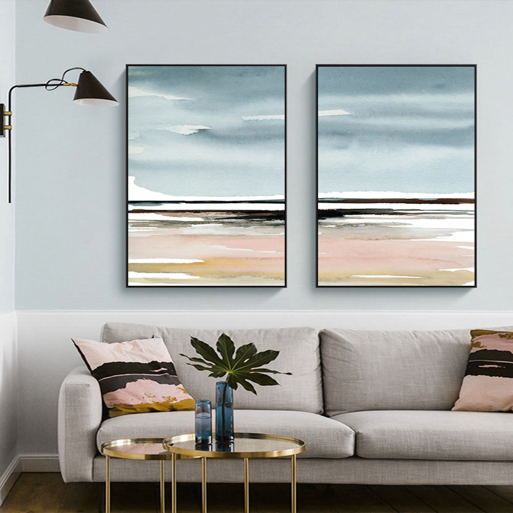 Wall Art 70cmx100cm Pink Beach Landscape 2 Sets Black Frame Canvas