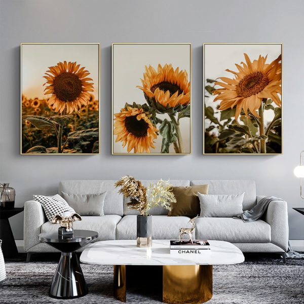 Wall Art 50cmx70cm Sunflower 3 Sets Gold Frame Canvas