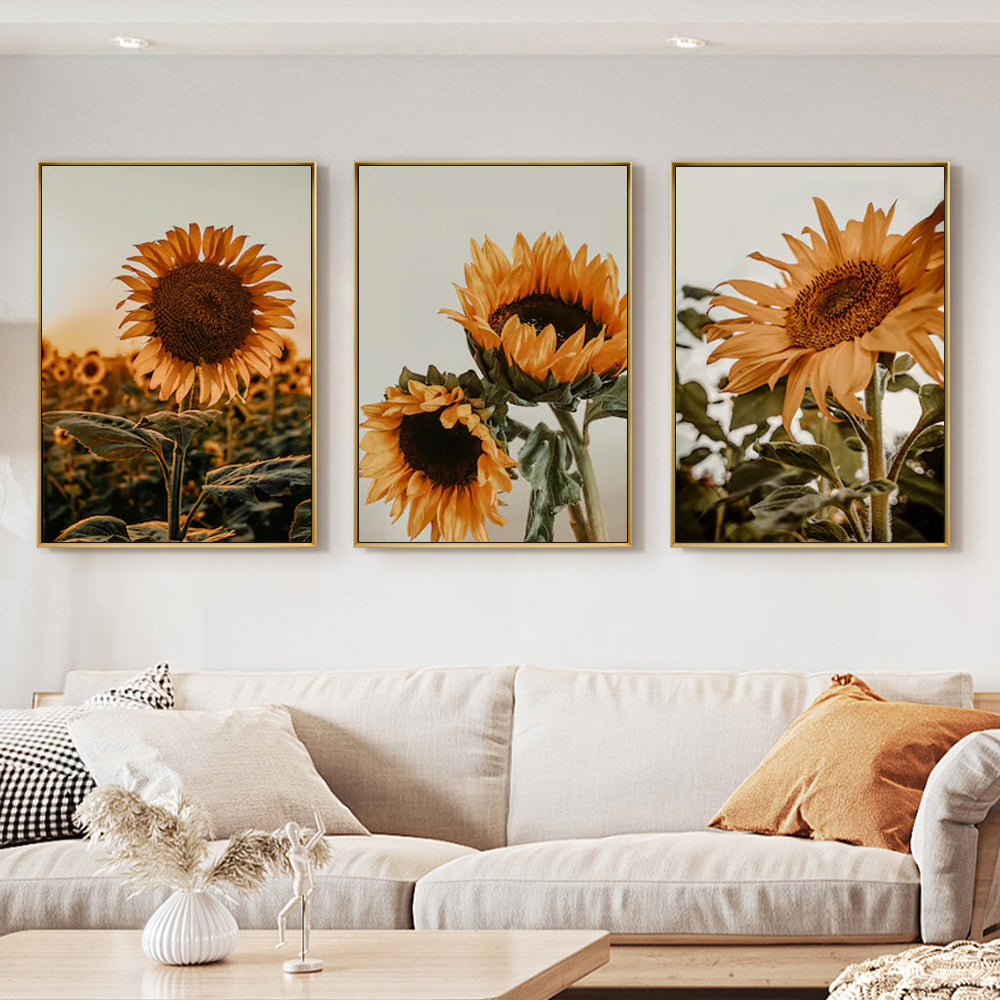 Wall Art 60cmx90cm Sunflower 3 Sets Gold Frame Canvas