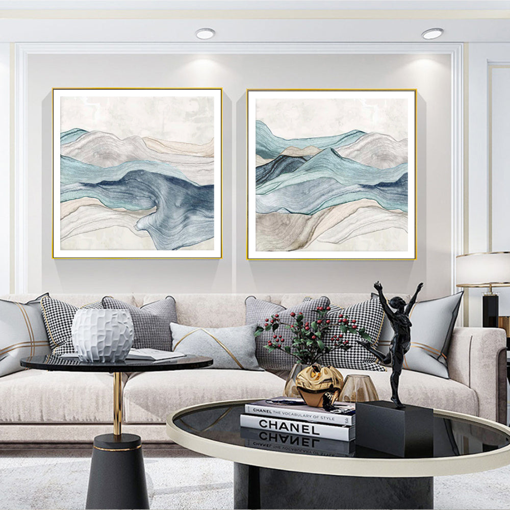 Wall Art 90cmx90cm Blue Mountain 2 Sets Gold Frame Canvas