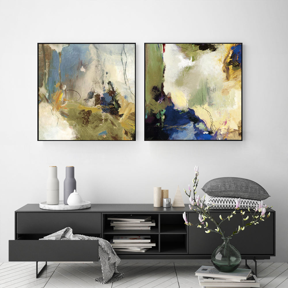 Wall Art 90cmx90cm Abstract Blue 2 Sets Black Frame Canvas