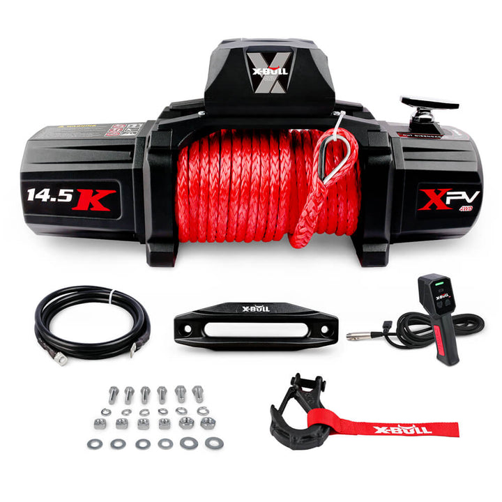 X-BULL 14500LBS Electric Winch 12V synthetic rope with 4PCS Recovery Tracks Gen3.0 Red