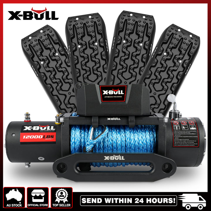 X-BULL 12V Electric Winch 12000LBS synthetic rope with 4PCS Recovery Tracks Gen3.0 Black