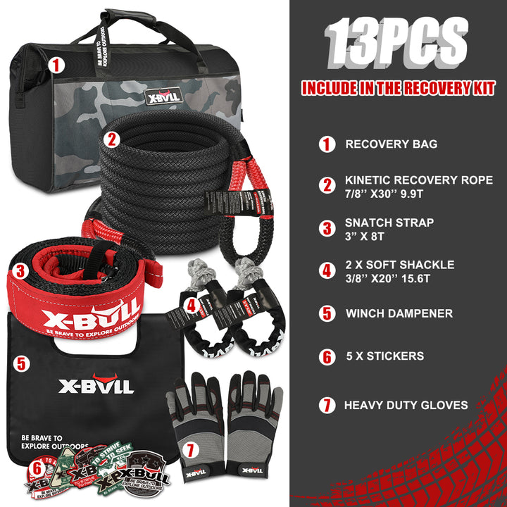 X-BULL Recovery Rope kit Snatch Strap Soft Shackles Hitch receiver Kinetic Tire Deflator