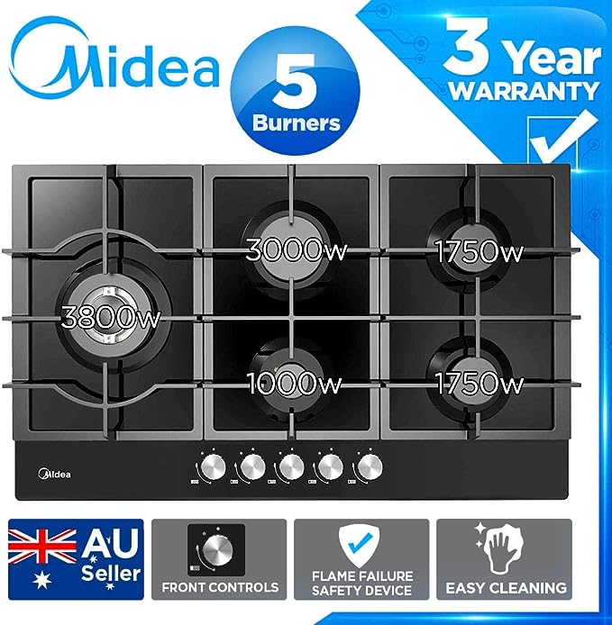 Gas Glass Cooktop 90cm Black