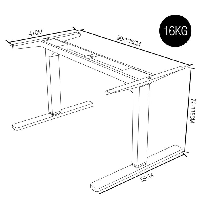 FORTIA Single Motor Sit/Stand Desk Frame, 58 x 90-135cm, 72-118cm Height Adjustable, 70kg Load, Silver