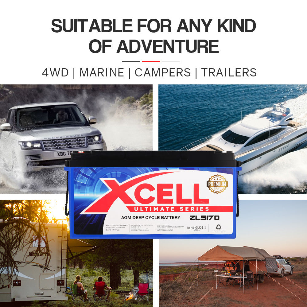 X-Cell 170Ah AGM Battery Deep Cycle 12v Marine Solar Camping Volt Glass 4WD SLA