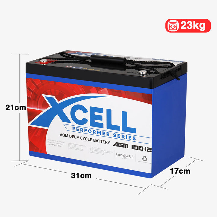 X-Cell 100Ah AGM Battery Deep Cycle 12v Marine Solar Camping Glass Matt 4WD Volt