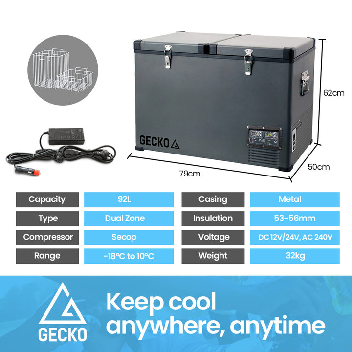 GECKO 92L Dual Zone Portable Fridge / Freezer, SECOP German Brand Compressor, for Camping, Car, Caravan