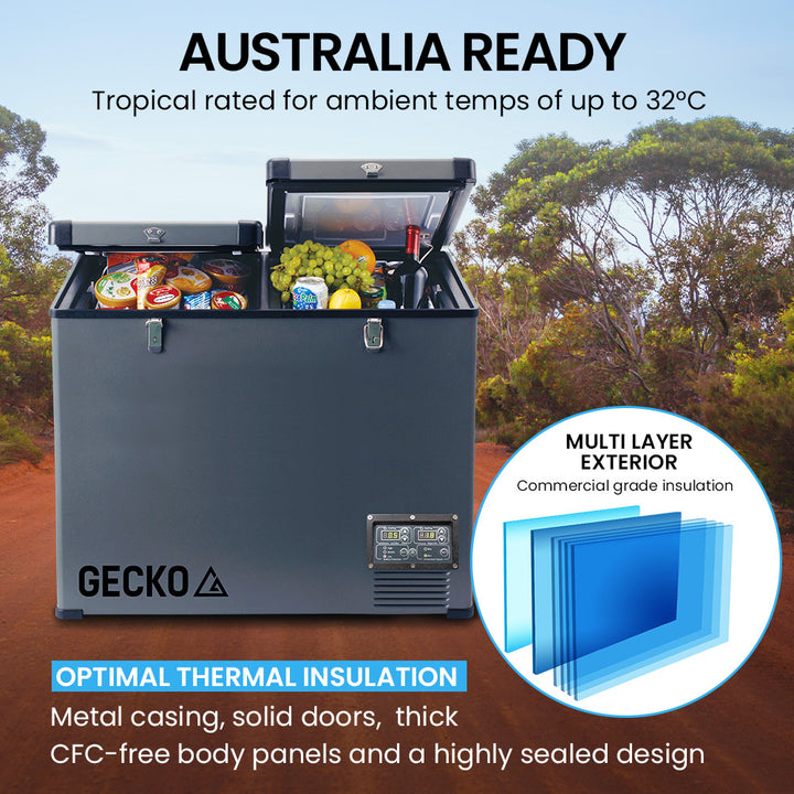 GECKO 92L Dual Zone Portable Fridge / Freezer, SECOP German Brand Compressor, for Camping, Car, Caravan