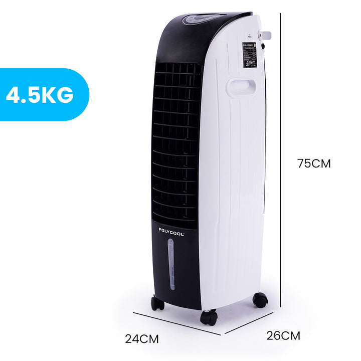 POLYCOOL 6L Evaporative Air Cooler Portable Household Fan, Purifier, Humidifier, Remote Control, White and Black