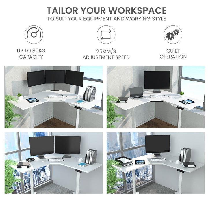 Fortia Sit To Stand Up Corner Standing Desk, 72-120cm, Dual Motor, Electric Height Adjustable, 80kg Load, White/White Frame