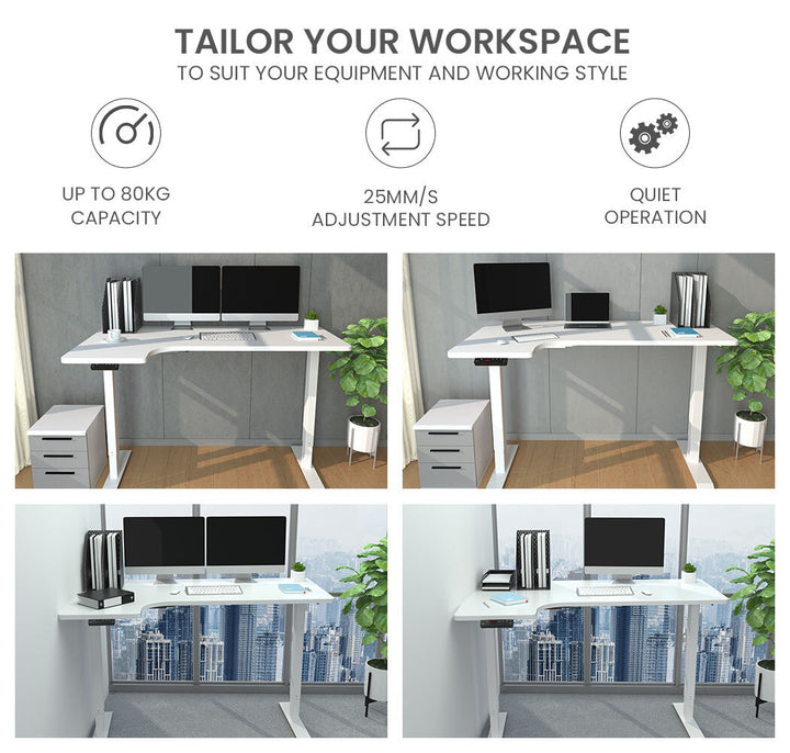 FORTIA L-Shape Standing Desk, 1450W x 850D x 600D, Dual Motor, 80kg Load, Sit to Stand Up Electric Height Adjustable, Left-Hand Sided, White/White Frame