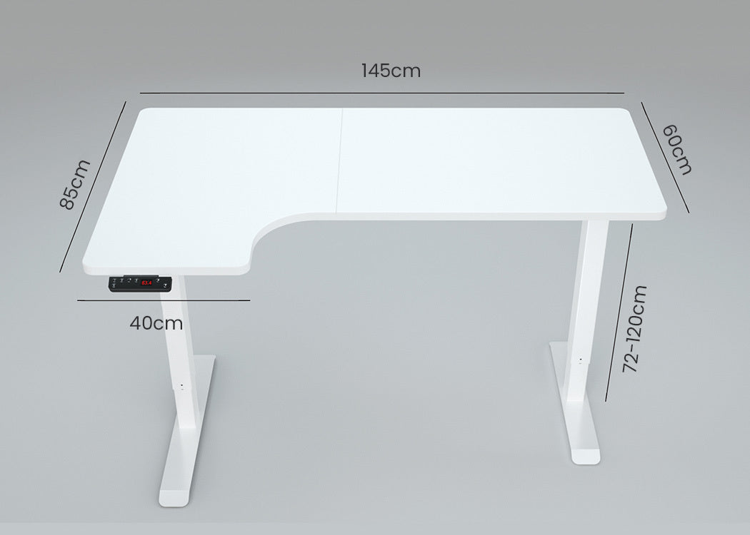 FORTIA L-Shape Standing Desk, 1450W x 850D x 600D, Dual Motor, 80kg Load, Sit to Stand Up Electric Height Adjustable, Left-Hand Sided, White/White Frame