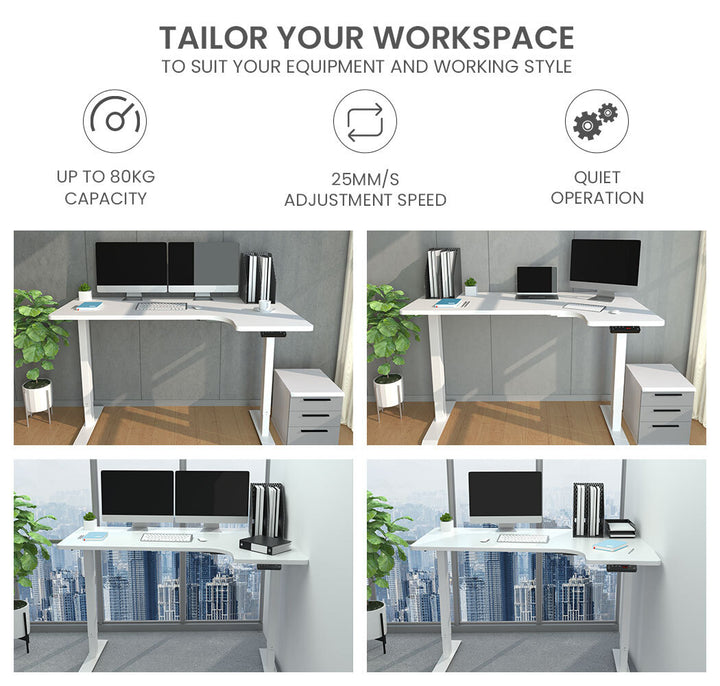 Fortia L Shaped Sit To Stand Up Corner Standing Desk, 72-120cm, Dual Motor, Adjustable Height Electric, 80kg Load, Right-Hand Sided, White