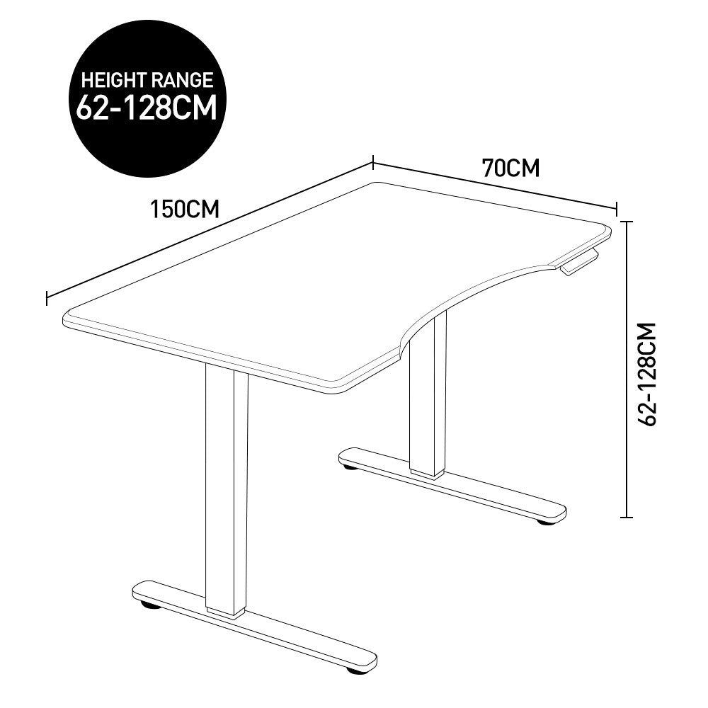 Fortia Sit To Stand Up Standing Desk, 150x70cm, 62-128cm Electric Height Adjustable, Dual Motor, 120kg Load, Arched, Black/Black Frame