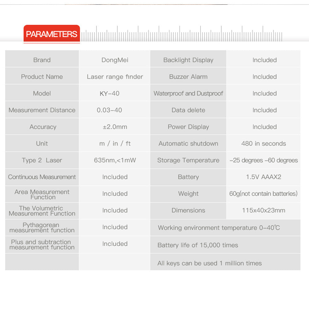 KEAMYA 40m Laser Distance Measurer Meter Range Finder Area Volume Digital