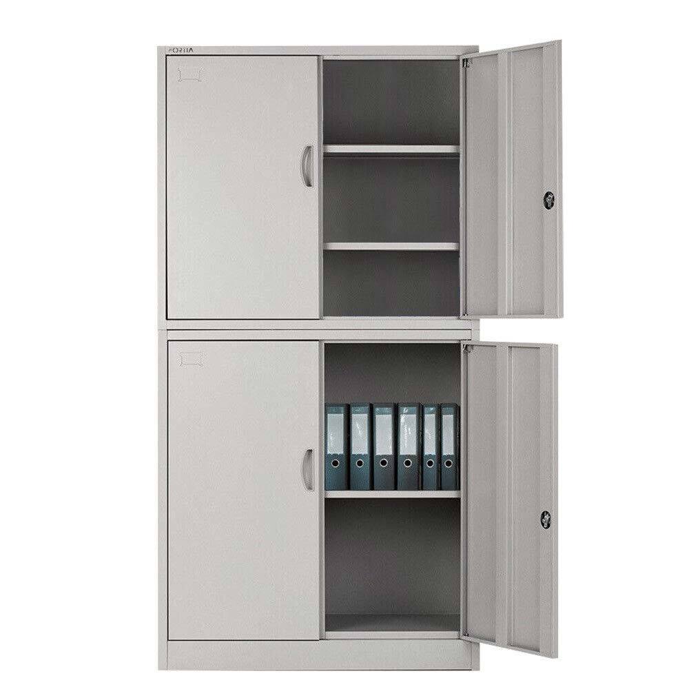 FORTIA 4-Door Steel Stationery Cabinet, Cam Locks, Shelves, Grey