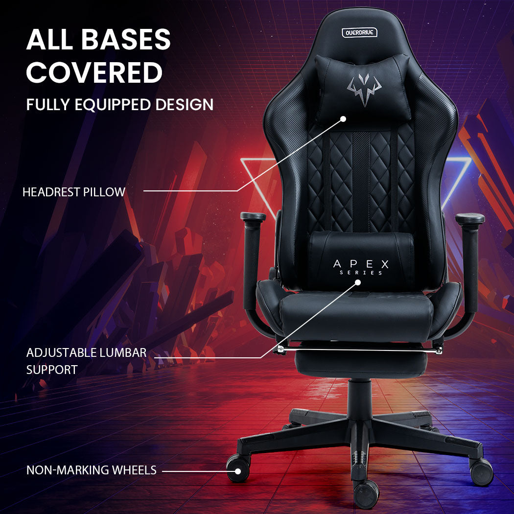 OVERDRIVE Apex Series Reclining Gaming Ergonomic Office Chair with Footrest, Black