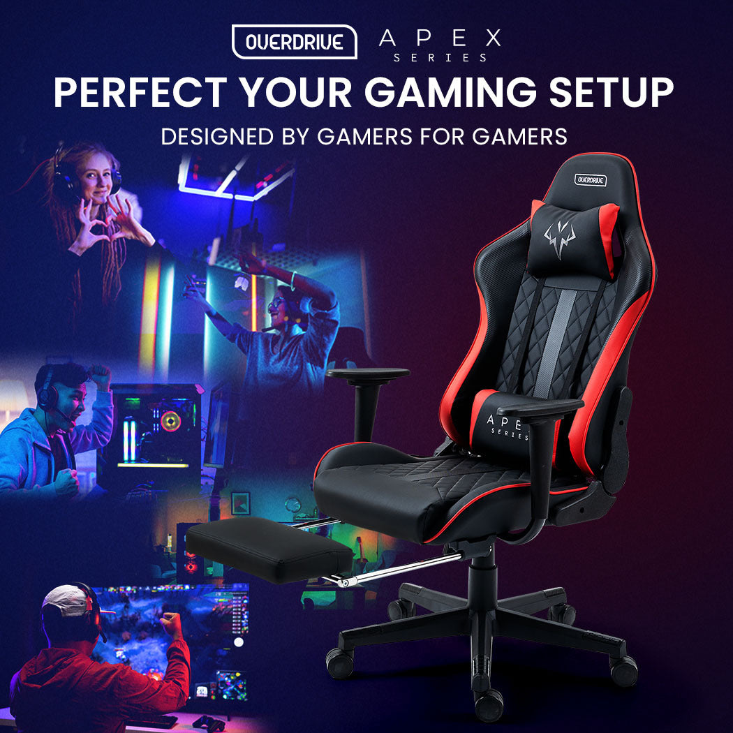 OVERDRIVE Apex Series Reclining Gaming Ergonomic Office Chair with Footrest, Black and Red