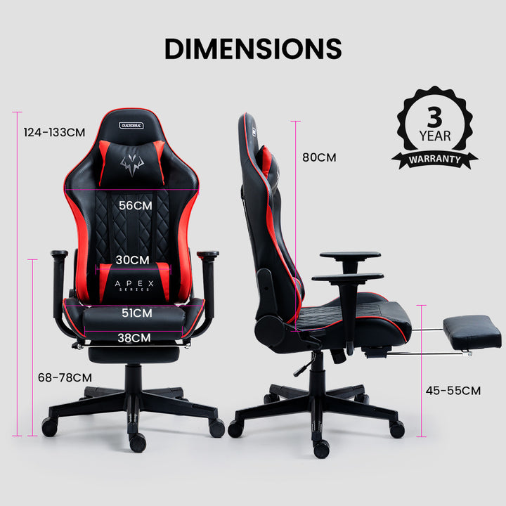 OVERDRIVE Apex Series Reclining Gaming Ergonomic Office Chair with Footrest, Black and Red