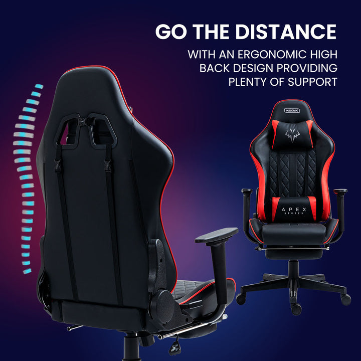 OVERDRIVE Apex Series Reclining Gaming Ergonomic Office Chair with Footrest, Black and Red