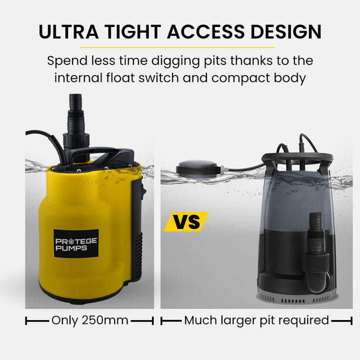 PROTEGE Tight Access Clean/Grey Water Submersible Sump Pump, Integrated Float Switch