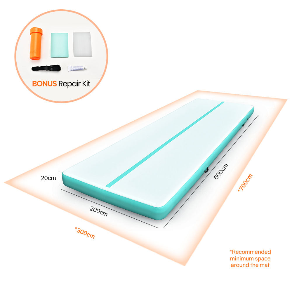 PROFLEX 600x200x20cm Inflatable Air Track Mat Tumbling Gymnastics, Mint Green & Grey, with Electric Pump