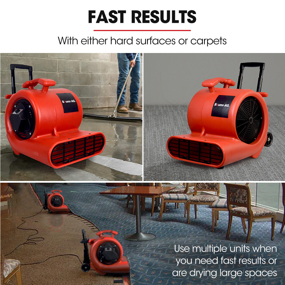 Baumr-AG 3-Speed Carpet Dryer Air Mover Blower Fan, 1400CFM, Sealed Copper Motor, Poly Housing, Telesscopic Handle and Wheels