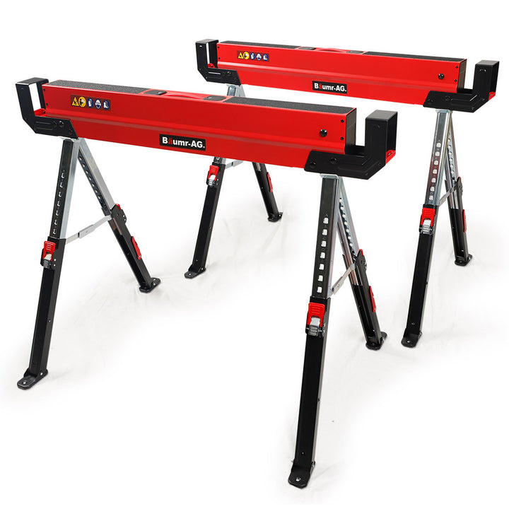 BAUMR-AG 2 x Steel Saw Horse, Folding Height Adjustable Sawhorse, 1180kg Capacity, 2x4 Support Arms